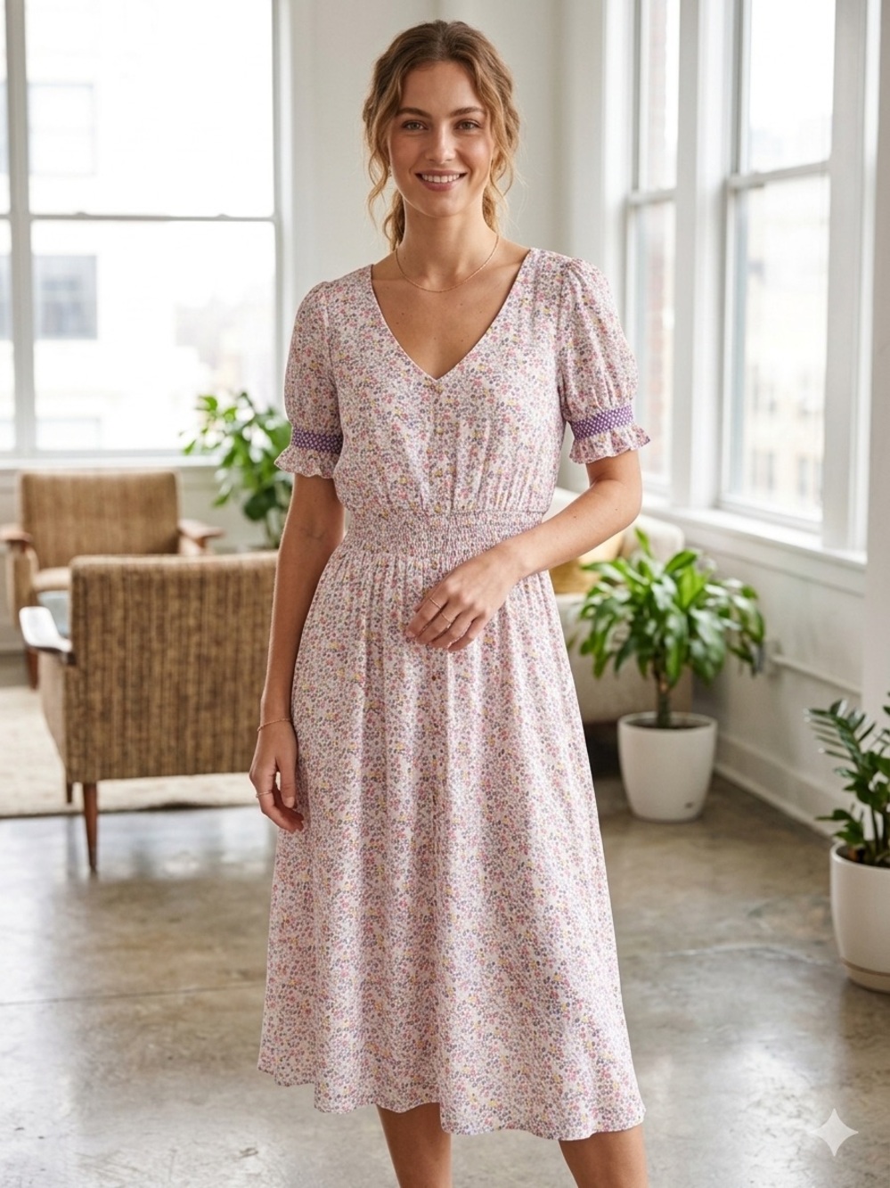 Indigo Rose Floral Smocked Waist V-Neck Dress, Pastel Pink Purple, Size Large
